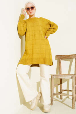 Kare Desenli Yumoş Triko Tunik Yağ Yeşili - Tunik