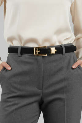 Kare Detaylı Gold Tokalı Süet Kemer Siyah - Süet Kemer