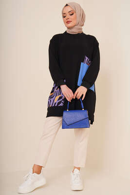 Kare Garnili Tunik Siyah Lila - Tunik