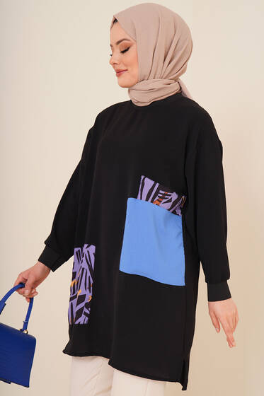 Kare Garnili Tunik Siyah Lila - Tunik