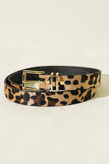 Kare İnce Tokalı Kemer Leopar - Deri Kemer