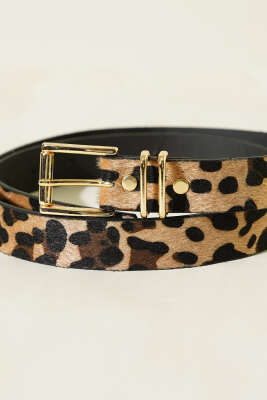 Kare İnce Tokalı Kemer Leopar - Deri Kemer