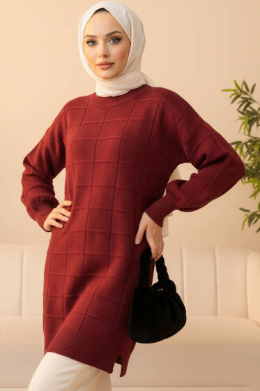Kare Kabartmalı Yumoş Triko Tunik Bordo - Tunik