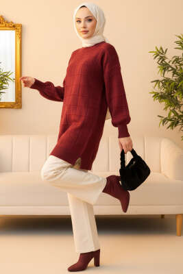 Kare Kabartmalı Yumoş Triko Tunik Bordo - Tunik