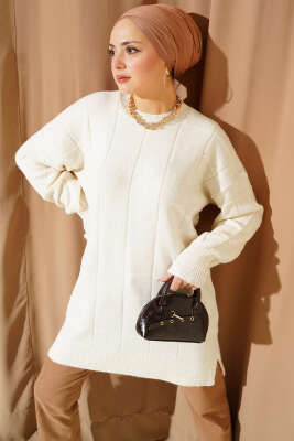 Kare Kabartmalı Yumoş Triko Tunik Kemik 