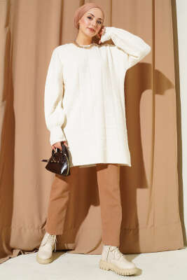 Kare Kabartmalı Yumoş Triko Tunik Kemik - Tunik