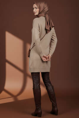 Kare Kabartmalı Yumoş Triko Tunik Latte - Tunik