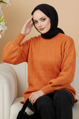 Kare Kabartmalı Yumoş Triko Tunik Oranj 