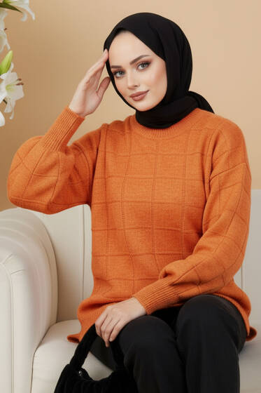 Kare Kabartmalı Yumoş Triko Tunik Oranj - Triko