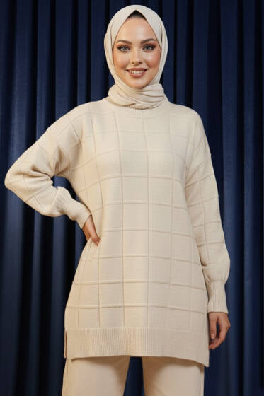 Kare Kabartmalı Yumoş Triko Tunik Taş - Tunik