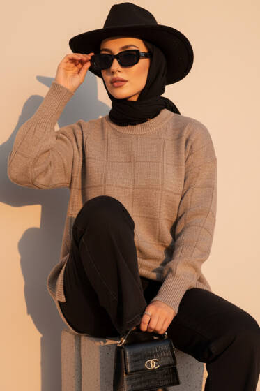 Kare Kabartmalı Yumoş Triko Tunik Vizon - Tunik