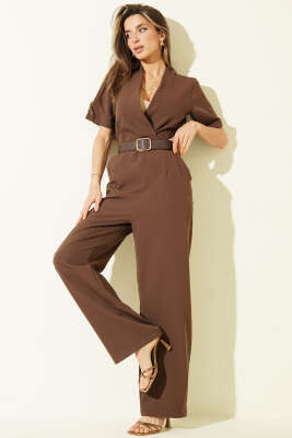 Kare Kemer Tokalı V Yaka Tulum Kahve - LUSTRİN