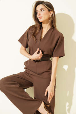 Kare Kemer Tokalı V Yaka Tulum Kahve - Kadın Giyim Modelleri