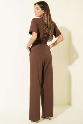 Kare Kemer Tokalı V Yaka Tulum Kahve - Kadın Giyim Modelleri