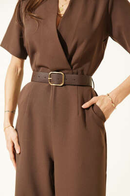 Kare Kemer Tokalı V Yaka Tulum Kahve - Kadın Giyim Modelleri