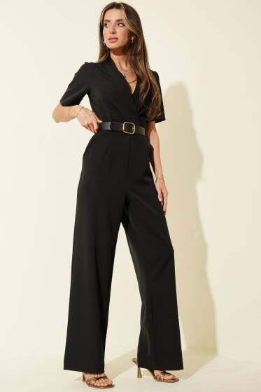 Kare Kemer Tokalı V Yaka Tulum Siyah - Kadın Giyim Modelleri