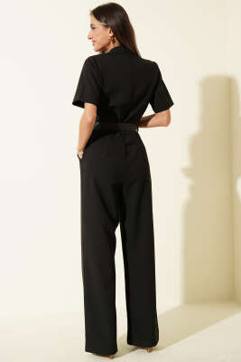 Kare Kemer Tokalı V Yaka Tulum Siyah - Kadın Giyim Modelleri