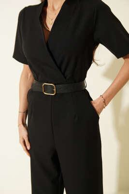 Kare Kemer Tokalı V Yaka Tulum Siyah - Kadın Giyim Modelleri