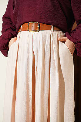 Kare Kemerli Bol Paça Pantolon Bej - Pantolon