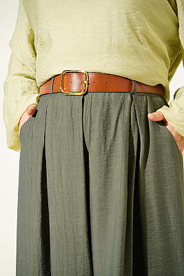 Kare Kemerli Bol Paça Pantolon Haki - Pantolon