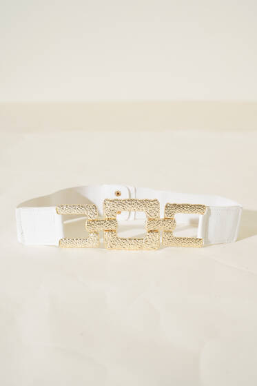 Kare Toka Detaylı Lastik Kemer Beyaz - Zincirli Kemer