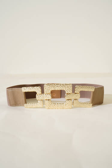 Kare Toka Detaylı Lastik Kemer Vizon - Zincirli Kemer