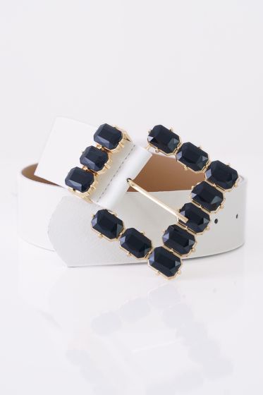 Kare Tokalı Taş Süslemeli Beyaz Kemer - Deri Kemer