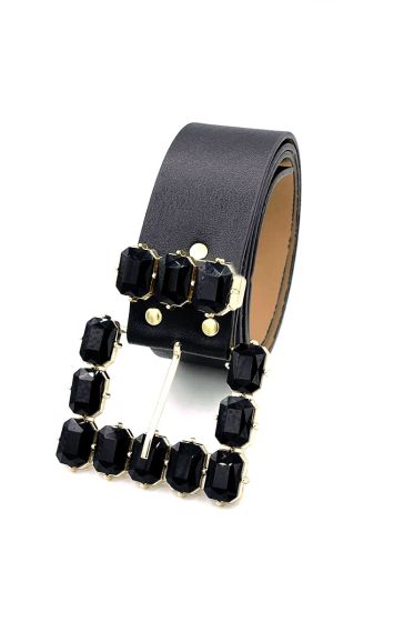 Kare Tokalı Taş Süslemeli Siyah Kemer - Deri Kemer