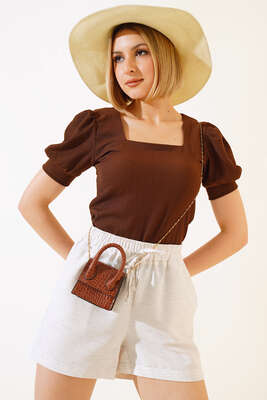 Kare Yaka Bluz Kahve - Kadın Giyim Modelleri