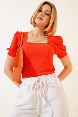 Kare Yaka Bluz Oranj - Kadın Giyim Modelleri