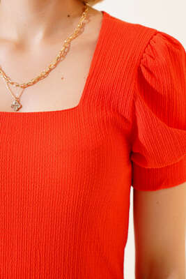 Kare Yaka Bluz Oranj - Kadın Giyim Modelleri