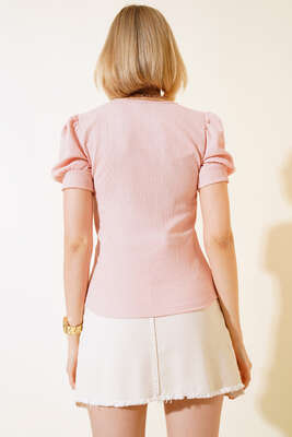 Kare Yaka Bluz Pudra - Kadın Giyim Modelleri