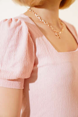 Kare Yaka Bluz Pudra - Kadın Giyim Modelleri