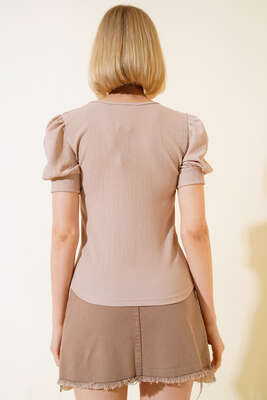 Kare Yaka Bluz Vizon - Kadın Giyim Modelleri