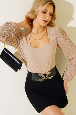 Kare Yaka Bürümcük Bluz Bej 