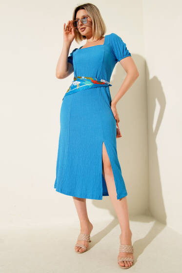 Kare Yaka Bürümcük Midi Elbise Saks - Kadın Giyim Modelleri