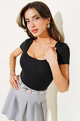 Kare Yaka Çıtçıtlı Zıbın Body Siyah - Kadın Giyim Modelleri