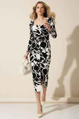 Kare Yaka Desenli Elbise Siyah Desenli 