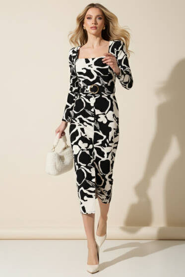 Kare Yaka Desenli Elbise Siyah Desenli - Kadın Giyim Modelleri