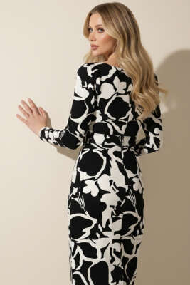 Kare Yaka Desenli Elbise Siyah Desenli - Kadın Giyim Modelleri