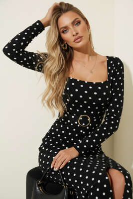 Kare Yaka Desenli Elbise Siyah - Kadın Giyim Modelleri