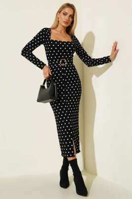 Kare Yaka Desenli Elbise Siyah - Kadın Giyim Modelleri