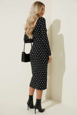 Kare Yaka Desenli Elbise Siyah - Kadın Giyim Modelleri