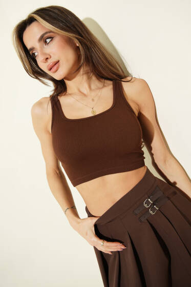 Kare Yaka Fitilli Crop Body Kahve - Kadın Giyim Modelleri