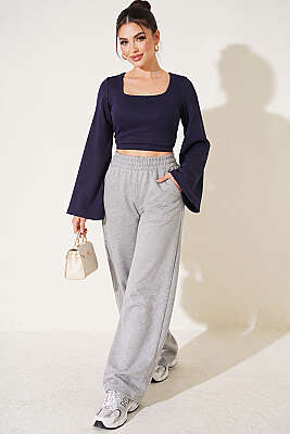 Kare Yaka Geniş Kol Crop Lacivert - Kadın Giyim Modelleri