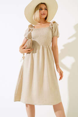 Kare Yaka Gipeli Elbise Bej - Kadın Giyim Modelleri