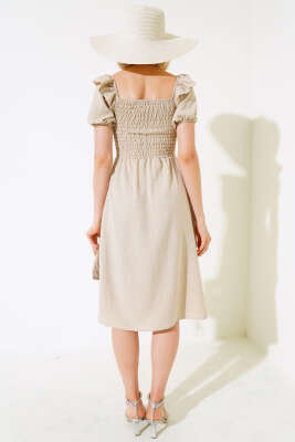 Kare Yaka Gipeli Elbise Bej - Kadın Giyim Modelleri