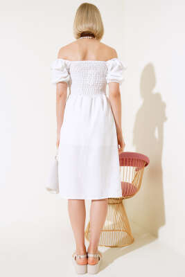 Kare Yaka Gipeli Elbise Ekru - Kadın Giyim Modelleri