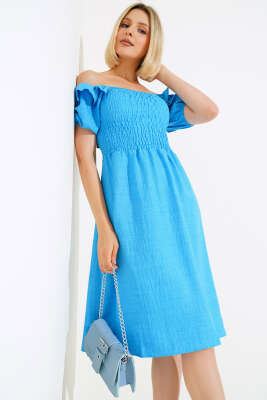 Kare Yaka Gipeli Elbise Mavi - Kadın Giyim Modelleri