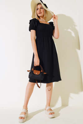 Kare Yaka Gipeli Elbise Siyah - Kadın Giyim Modelleri